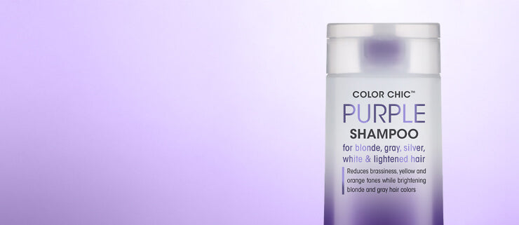 A bottle of Color Chic Purple Shampoo for blonde, gray, silver, white, and lightened hair is shown against a light purple gradient background.