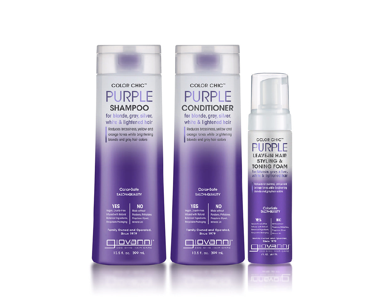 Three bottles of Giovanni Color Chic Purple hair products—shampoo, conditioner, and styling foam—displayed side by side. The packaging is purple and white, designed for blonde, gray, silver, white, and lightened hair.