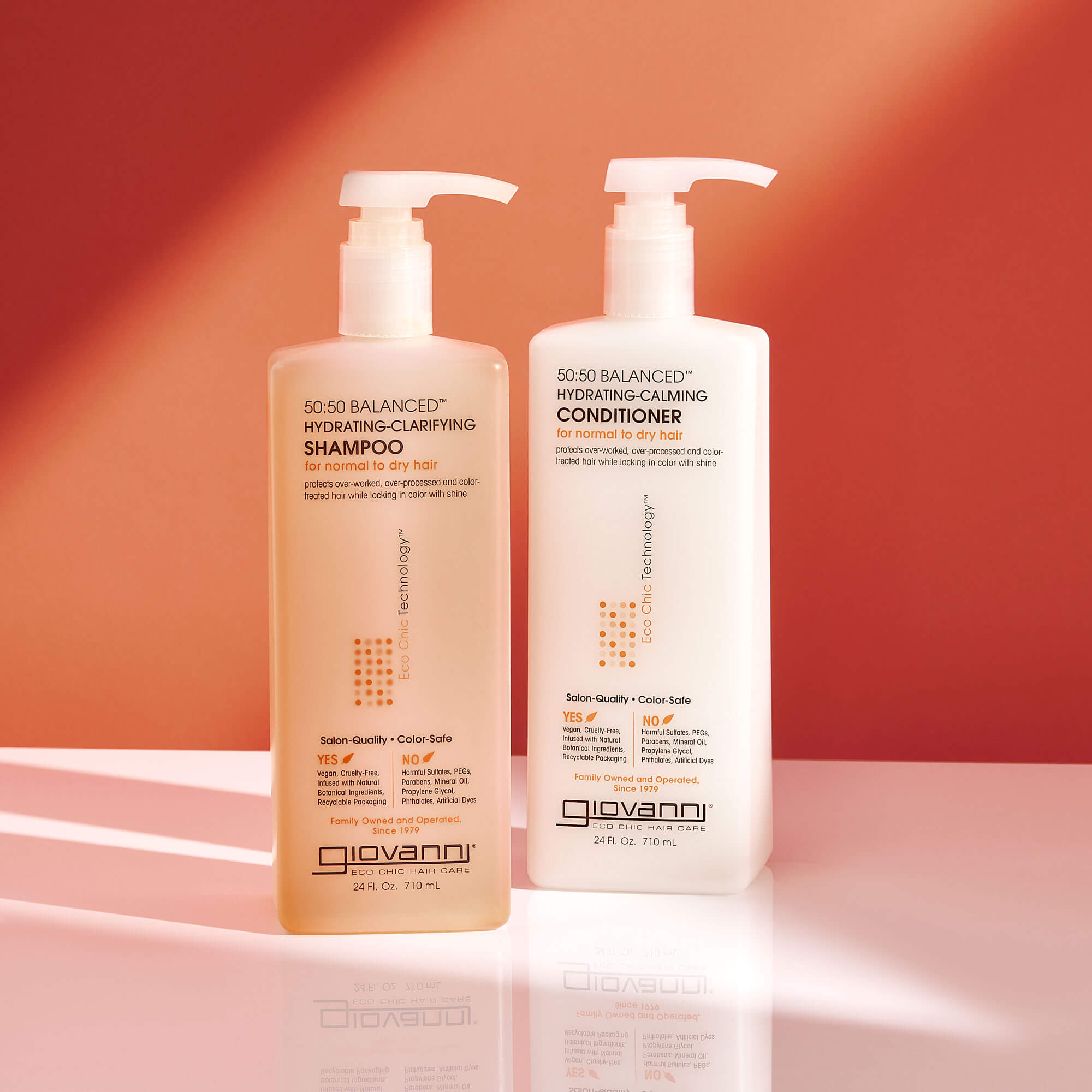 Two bottles with pump dispensers: Giovanni 50:50 Balanced Hydrating-Clarifying Shampoo and Hydrating-Calming Conditioner, both for normal to dry hair, displayed on a pink surface in bright light.