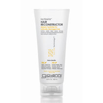 A white tube of Giovanni Cosmetics NUTRAFIX™ HAIR RECONSTRUCTOR, a color-safe deep repair treatment for damaged hair, stands upright on a white background with gold and gray text.