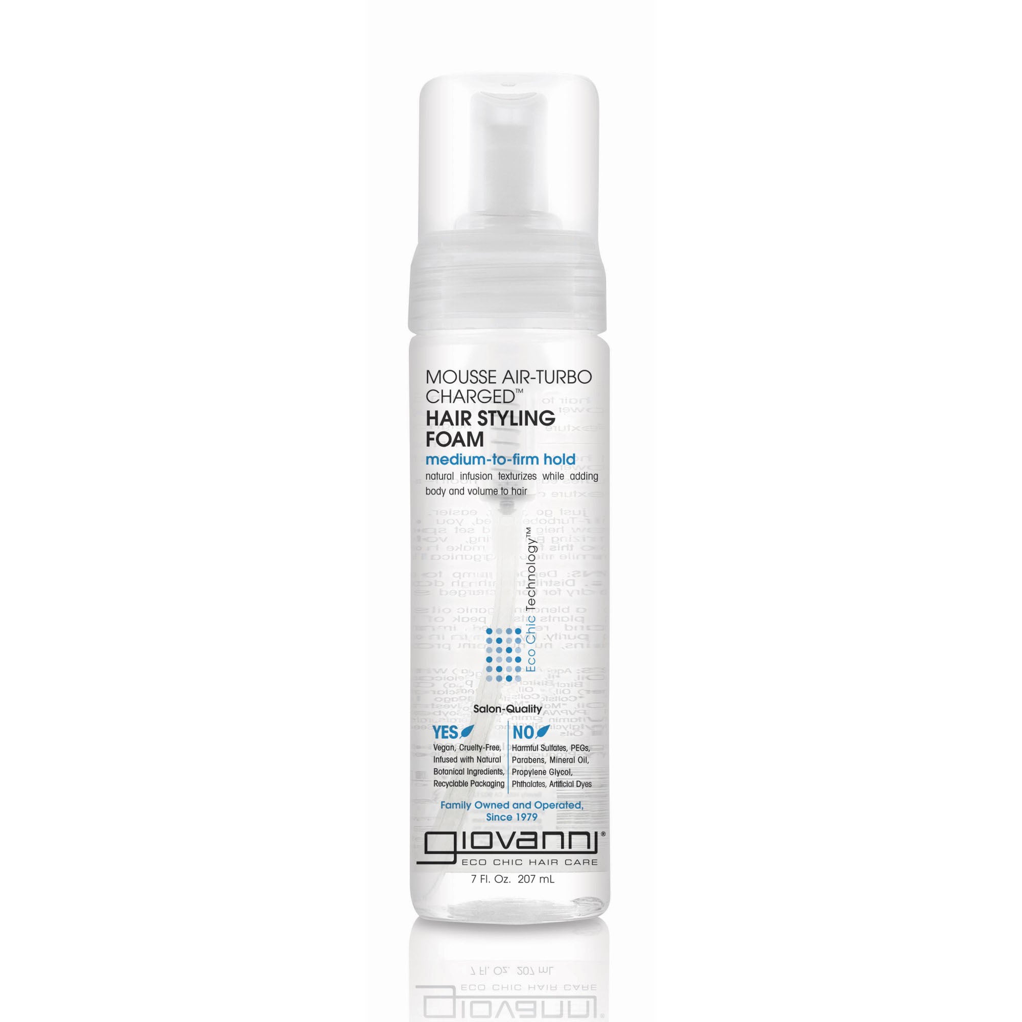 medium-to-firm hold - A white bottle of Giovanni Cosmetics MOUSSE AIR-TURBO CHARGED™ Hair Styling Foam with a clear cap, featuring blue and black text and offering medium-to-firm hold for hair.