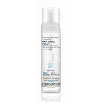 A white bottle of Giovanni Cosmetics MOUSSE AIR-TURBO CHARGED™ Hair Styling Foam with a clear cap, featuring blue and black text and offering medium-to-firm hold for hair.