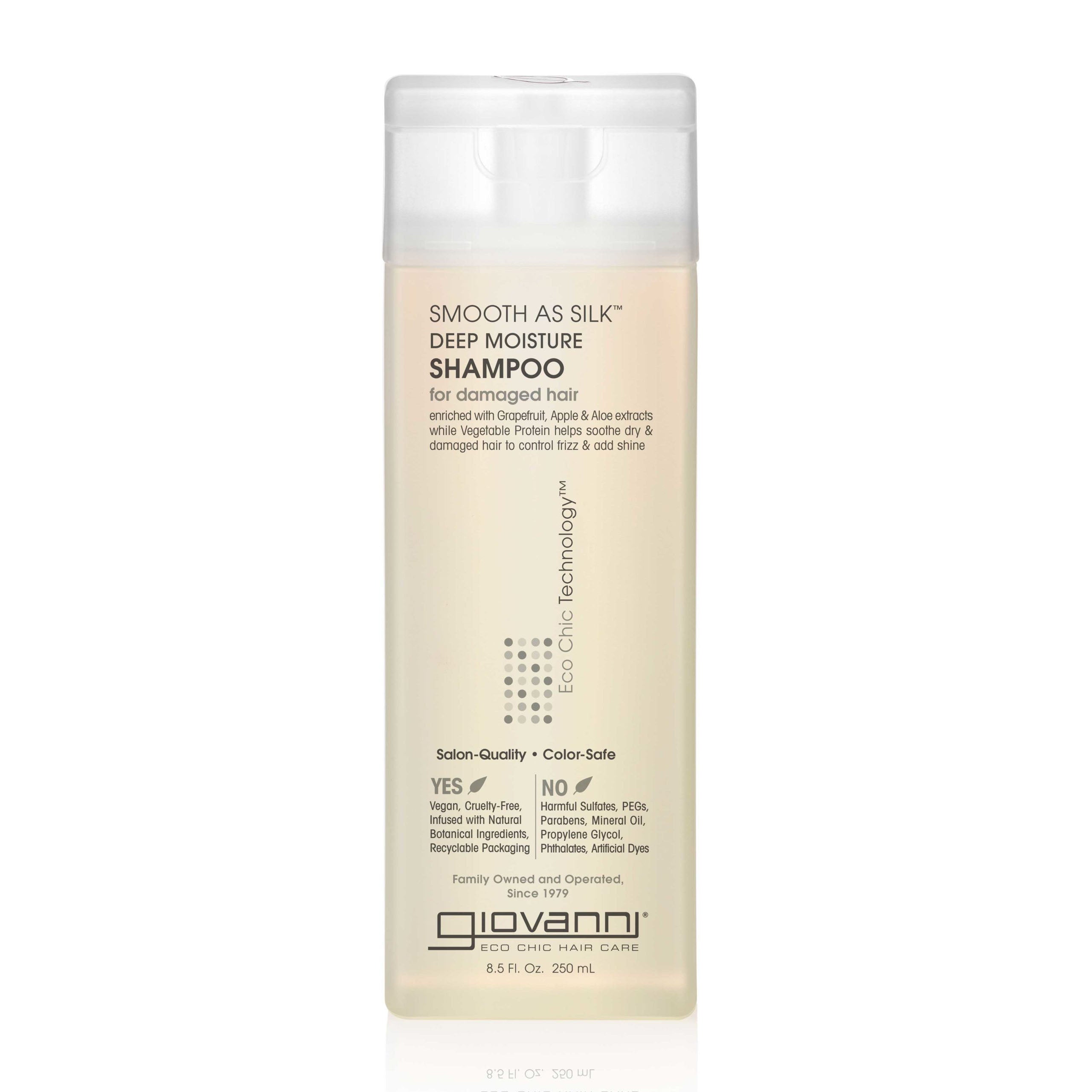 DEEP MOISTURE SHAMPOO FOR DAMAGED HAIR - Giovanni Cosmetics’ SMOOTH AS SILK™ DEEP MOISTURE SHAMPOO for damaged hair comes in a 250 ml (8.5 fl. oz.) bottle with a clear cap and cream label, highlighting its color-safe formula and nourishing ingredients.