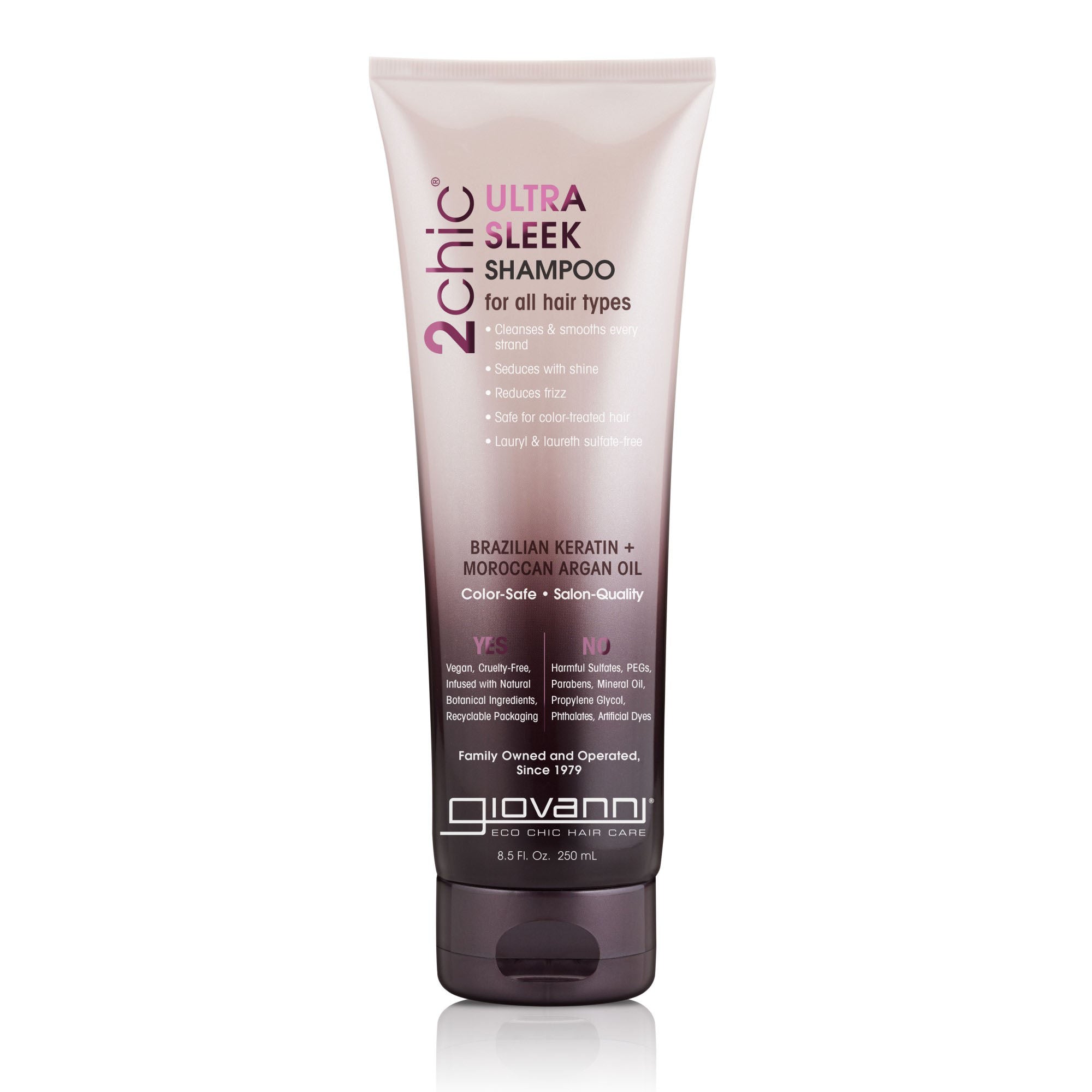 for all hair types - A tube of Giovanni Cosmetics 2chic® ULTRA-SLEEK SHAMPOO for all hair types, with Brazilian Keratin and Moroccan Argan Oil. Gradient pink and white packaging displays product info on the front.