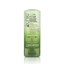 A green bottle of Giovanni Cosmetics 2chic® ULTRA-MOIST DEEP MOISTURE HAIR MASK for dry, damaged hair is shown upright on a white background; the color-safe formula is enriched with avocado oil.