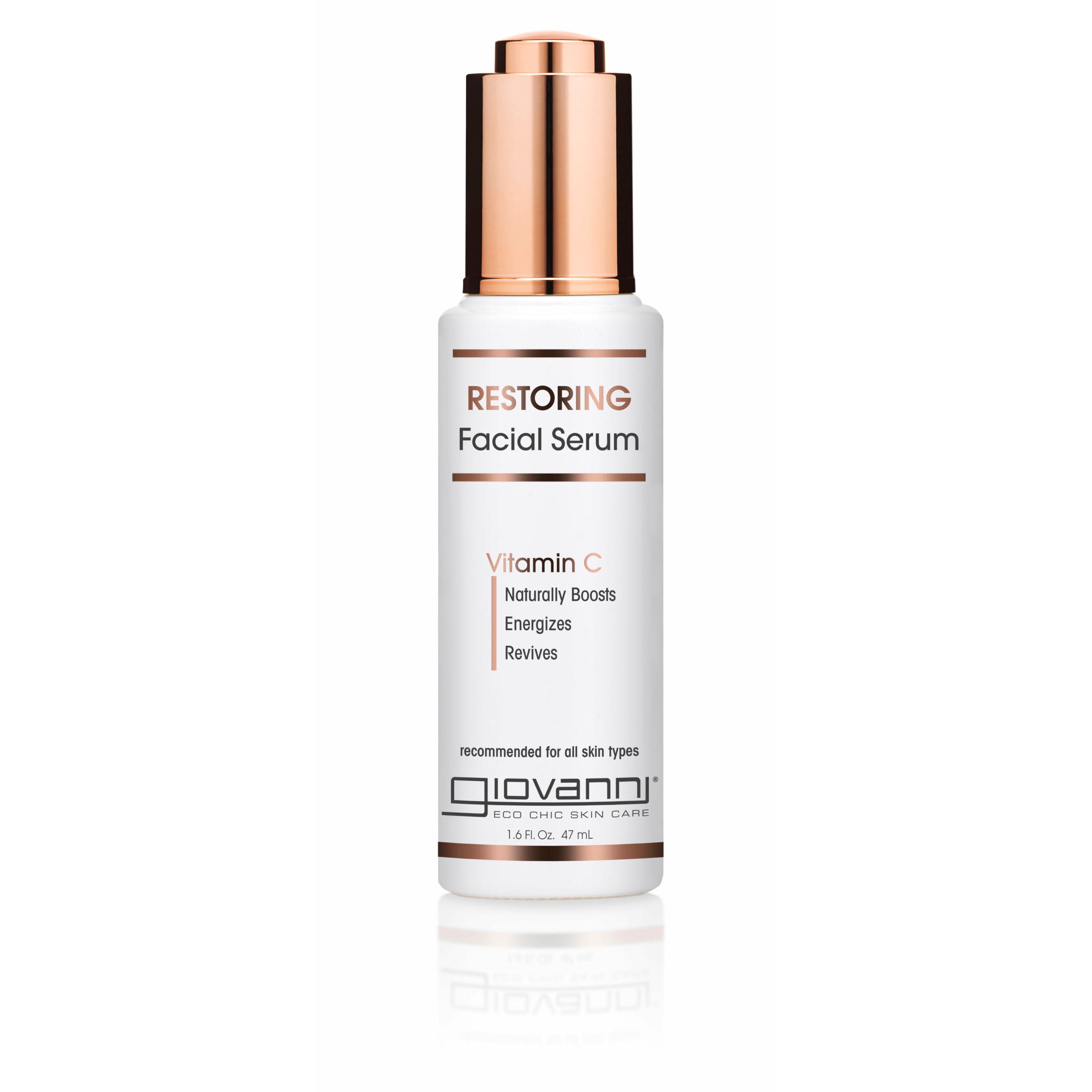 vitamin c - A white bottle of Giovanni Cosmetics RESTORING FACIAL SERUM with a rose gold pump features Vitamin C on the label, promoting a naturally boosted, energized, and radiant glow. Suitable for all skin types.