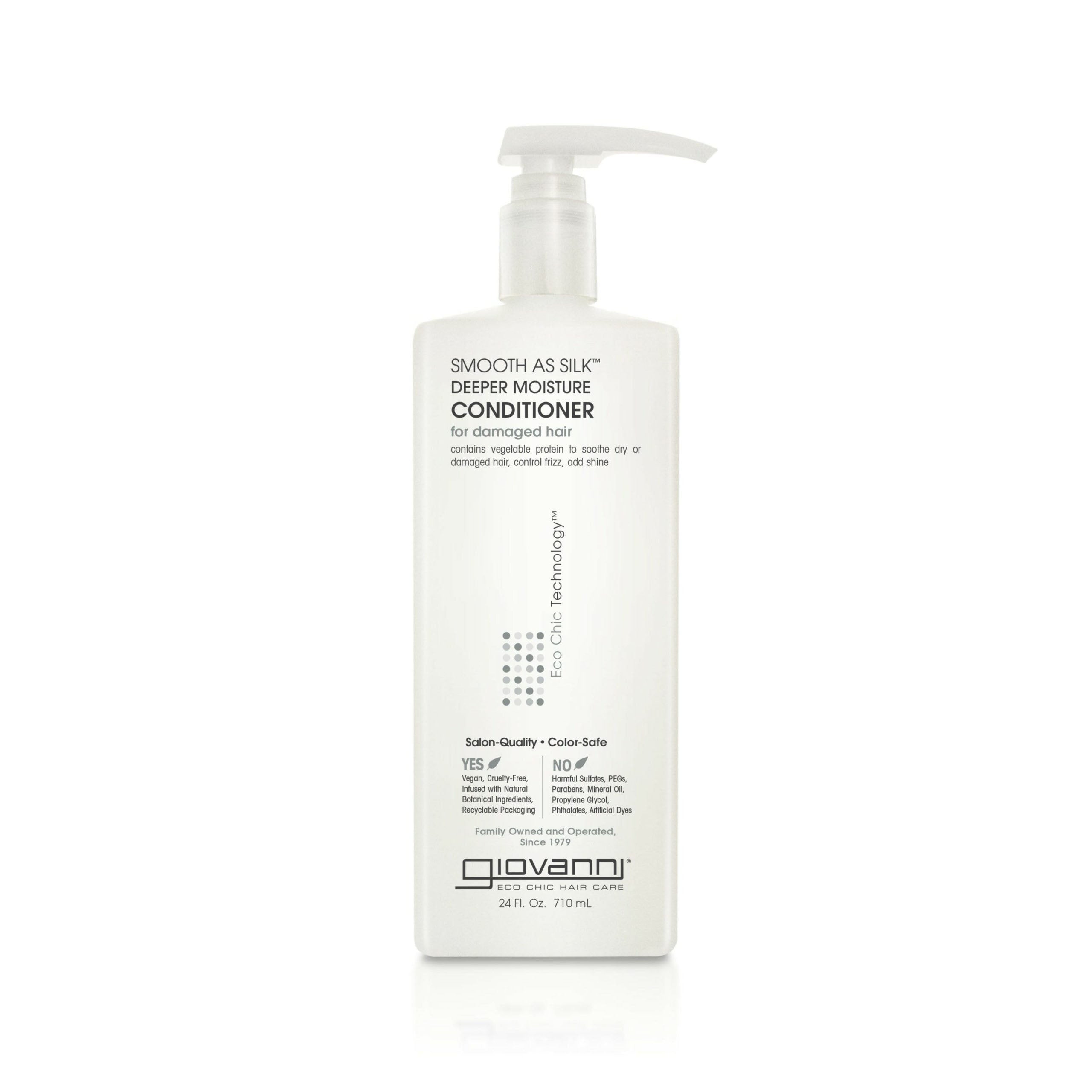 A white pump bottle of Giovanni Cosmetics SMOOTH AS SILK™ DEEPER MOISTURE CONDITIONER for damaged hair, with black and gray text and logo—a color-safe conditioner that leaves hair silky smooth. Available in 2 sizes.