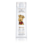 A 16 oz bottle of Giovanni Cosmetics PROFESSIONAL PET SHAMPOO - OATMEAL & COCONUT, ideal for sensitive skin, features a dog in a red bow tie and highlights 16 benefits for a happier pet on the label.