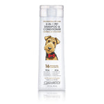 A 16 fl oz bottle of Giovanni Cosmetics PROFESSIONAL 2-IN-1 PET SHAMPOO & CONDITIONER with oatmeal and coconut, featuring an illustrated dog in a red bow tie and listing 16 benefits—ideal for pets with sensitive skin.