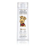 A 16 fl oz bottle of Giovanni Cosmetics PROFESSIONAL 2-IN-1 PET SHAMPOO & CONDITIONER with oatmeal and coconut, featuring an illustrated dog in a red bow tie and listing 16 benefits—ideal for pets with sensitive skin.