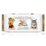 A package of Giovanni Cosmetics PROFESSIONAL PET CARE MULTIPURPOSE WIPES- OATMEAL & COCONUT features 75 fragrance-free wipes for sensitive skin with oatmeal and coconut, plus highlights of 16 benefits on the packaging with dog and cat illustrations.