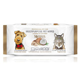 A package of Giovanni Cosmetics PROFESSIONAL PET CARE MULTIPURPOSE WIPES- OATMEAL & COCONUT features 75 fragrance-free wipes for sensitive skin with oatmeal and coconut, plus highlights of 16 benefits on the packaging with dog and cat illustrations.