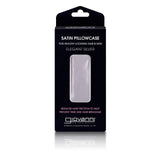A black box labeled Giovanni Cosmetics ELEGANT SILVER SATIN PILLOWCASE features a window showing the light silver satin pillowcase inside. Text highlights benefits for hair and skin—designed to prevent frizz and reduce breakage.