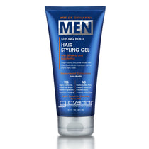 A blue 6.8 fl oz (201 ml) tube of Giovanni Cosmetics MEN Strong Hold Hair Styling Gel with ginseng and eucalyptus; white and silver text highlights its strong hold benefits and key ingredients.