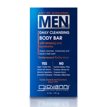 A blue box of Giovanni Cosmetics MEN Daily Cleansing Body Bar with Ginseng & Eucalyptus, featuring natural ingredients for deep cleansing and moisturizing, cedarwood scent, vegan, cruelty-free, and eco-friendly packaging.