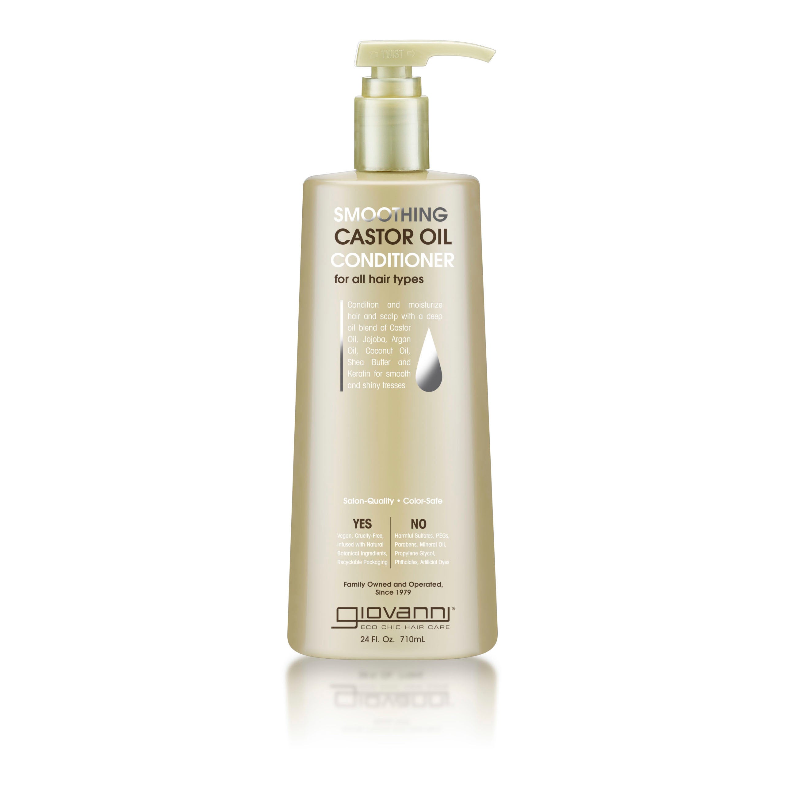 A bottle of Giovanni Cosmetics SMOOTHING CASTOR OIL CONDITIONER, available in 2 sizes, features a pump dispenser and is designed for all hair types. It protects hair, is sulfate-free, cruelty-free, family-owned, and comes with gold accents.