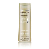 A 13.5 fl oz (390 ml) bottle of Giovanni Cosmetics SMOOTHING CASTOR OIL SHAMPOO for all hair types, featuring a beige and gold design, tames frizz and protects hair. Available in 2 sizes.