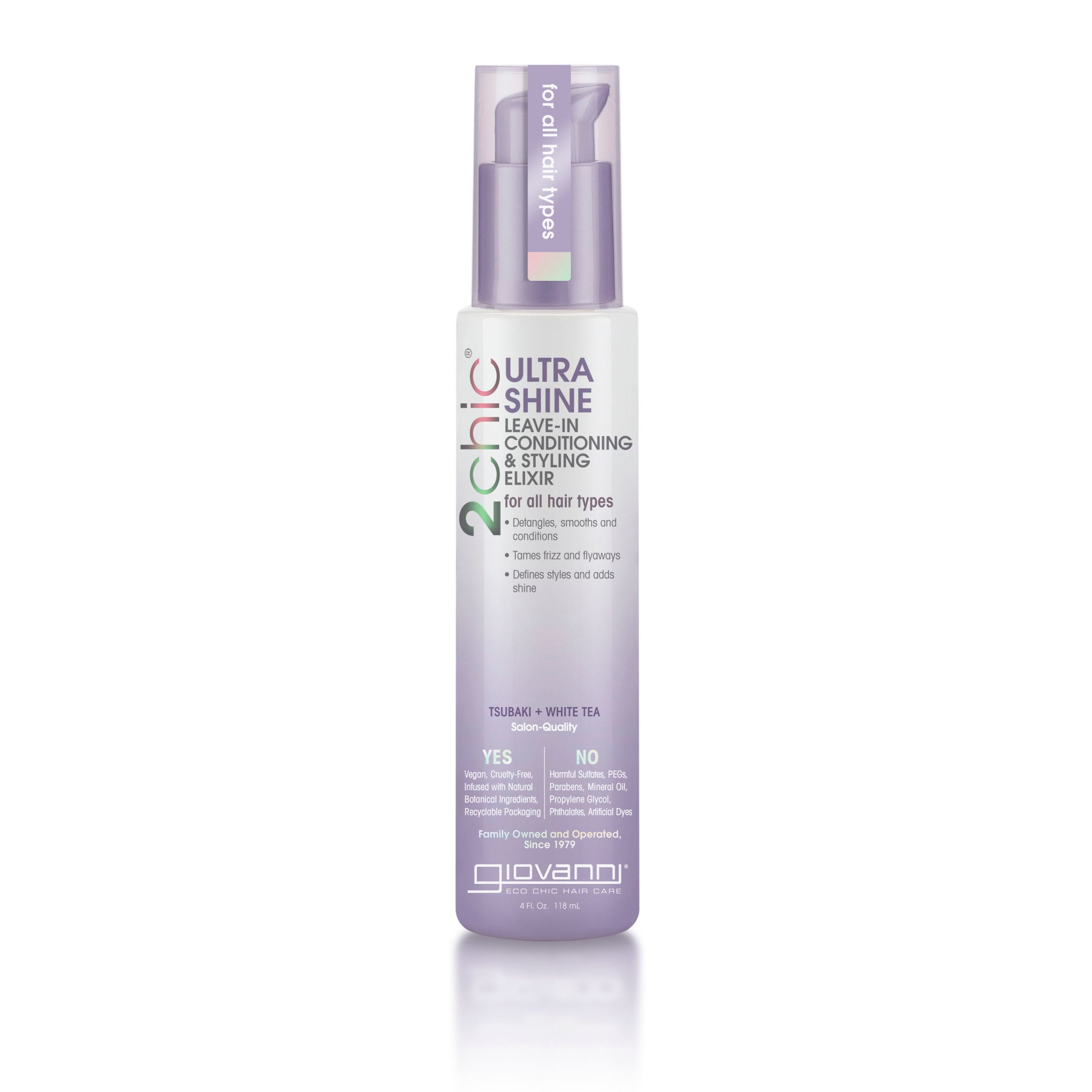 DETANGLING LEAVE-IN CONDITIONER FOR ALL HAIR TYPES - A bottle of Giovanni Cosmetics 2chic® ULTRA-SHINE LEAVE-IN CONDITIONING ELIXIR with a lavender and white label, pump top, and text emphasizing White Tea and Tsubaki blossom for all hair types in natural hair care.