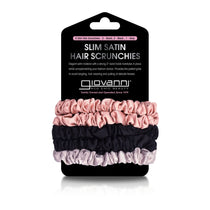 A 5-pack of SLIM SATIN HAIR SCRUNCHIES in blush, black, and gray by Giovanni Cosmetics is shown on branded packaging, featuring anti-tangle satin bands and product details.