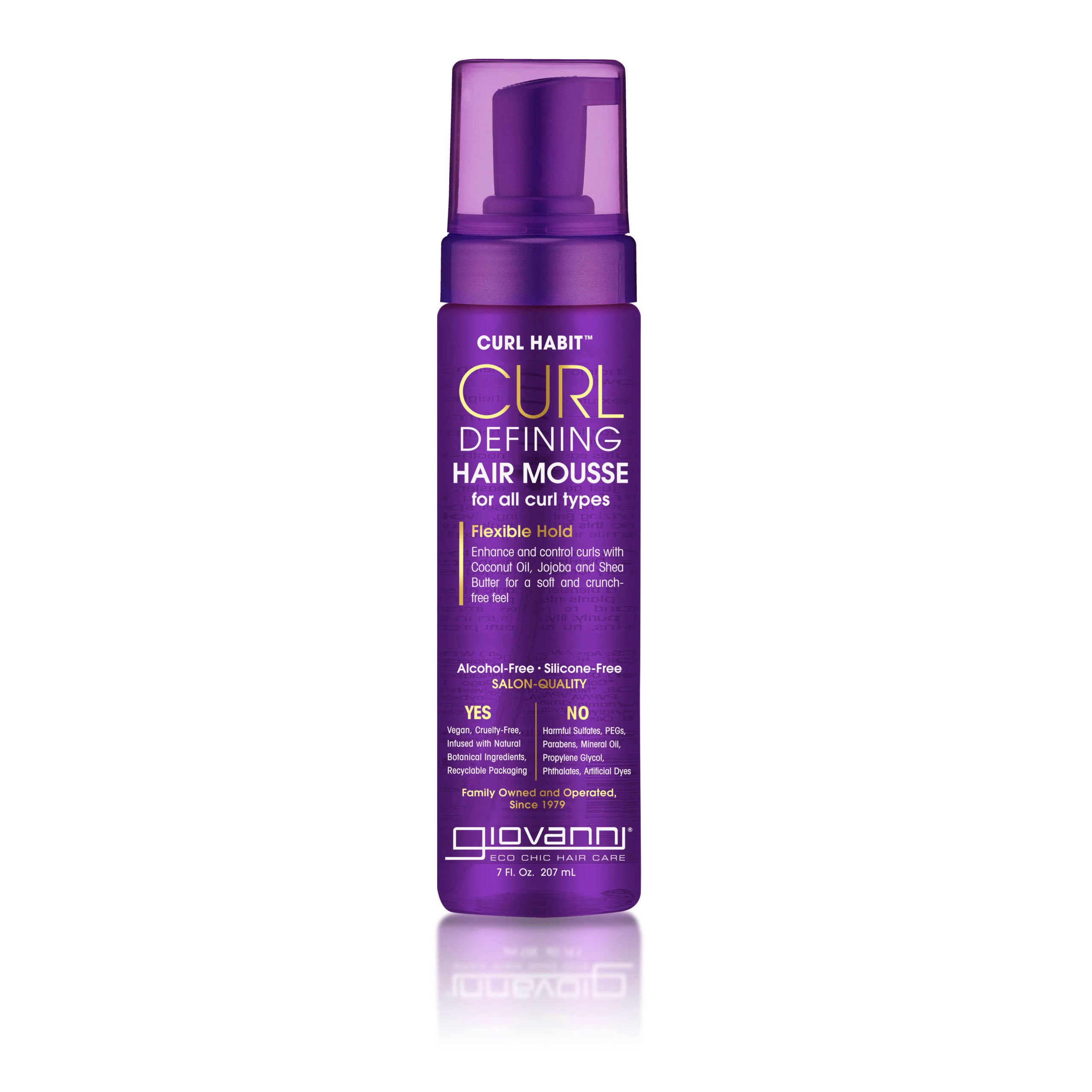 MOUSSE FOR ALL CURL TYPES - A purple bottle of Giovanni Cosmetics CURL HABIT™ CURL DEFINING HAIR MOUSSE with a pump dispenser, made for all curl types and flexible hold. This alcohol-free, silicone-free formula with shea butter delivers salon-quality results.