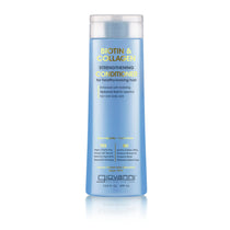 A bottle of Giovanni biotin & collagen strengthening conditioner.