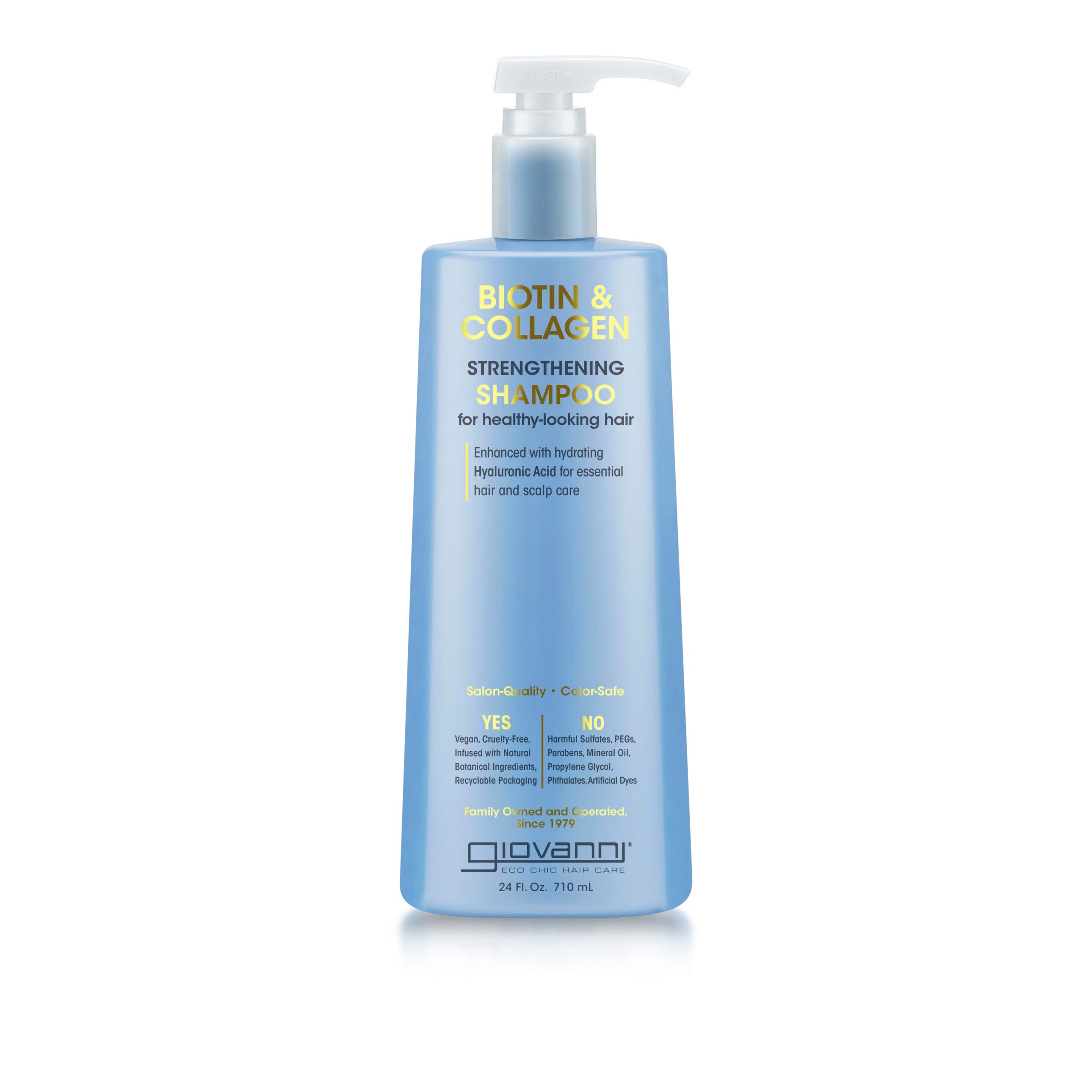 A blue bottle of Giovanni Cosmetics BIOTIN & COLLAGEN STRENGTHENING SHAMPOO with a pump, featuring yellow and white text on the front highlighting benefits like enhanced hair volume. Available in 2 sizes.
