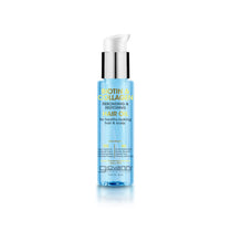 A clear blue bottle of Giovanni Cosmetics BIOTIN & COLLAGEN REBONDING & RESTORING HAIR OIL with a white pump dispenser boosts hair volume and strength, designed for hair and scalp care, shown against a white background.