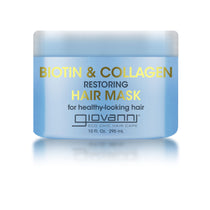 A blue 10 fl oz (295 ml) container of Giovanni Cosmetics BIOTIN & COLLAGEN RESTORING HAIR MASK features gold and white text and is designed to promote healthy-looking hair and increased volume.