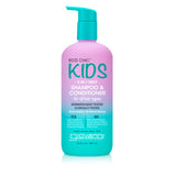 A pink and teal bottle of Giovanni Cosmetics ECO CHIC® KIDS 2 IN 1 SHAMPOO & CONDITIONER with pump top, made for all hair types. This gentle kids shampoo detangles easily, is dermatologist-tested, and cruelty-free.