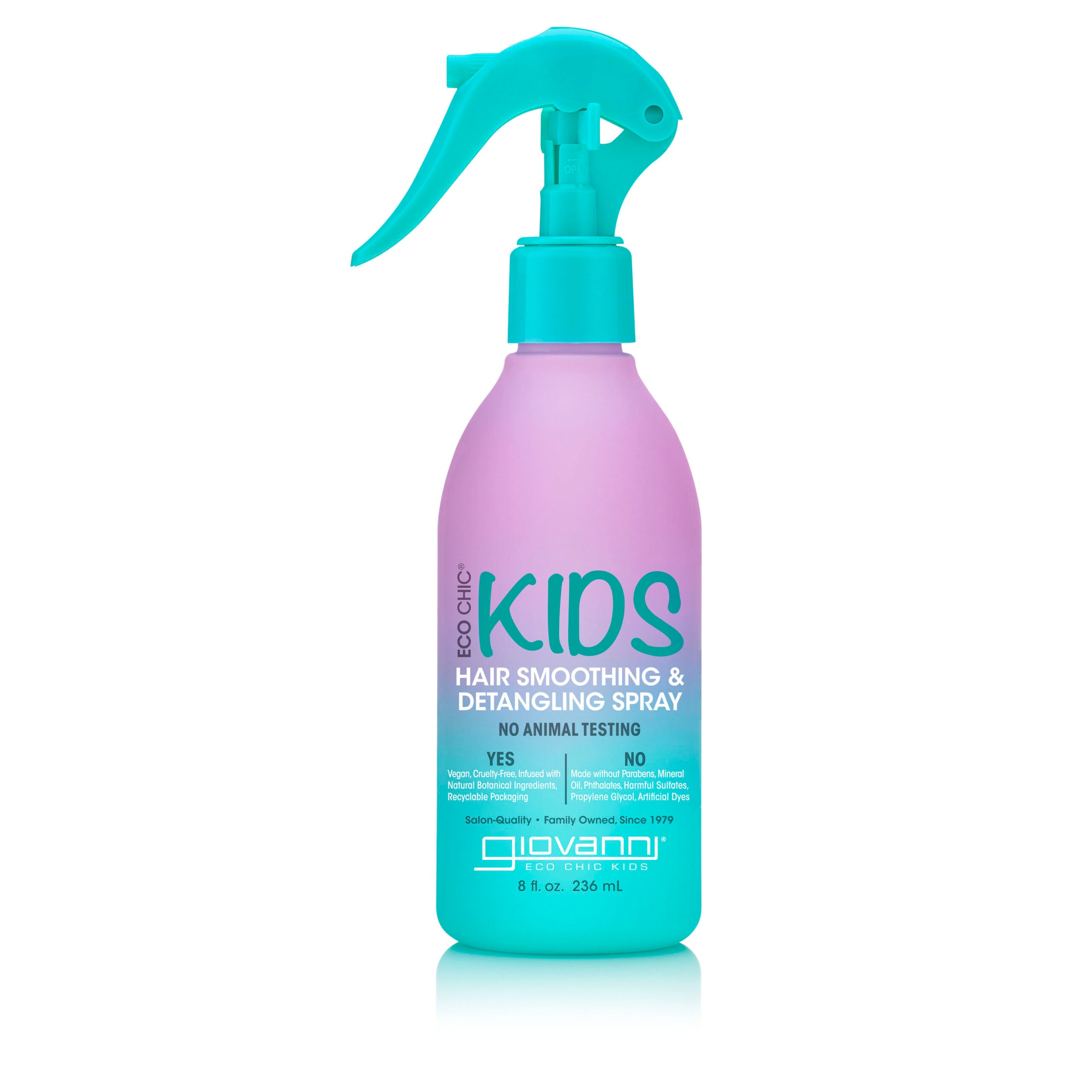 for all hair types - A purple and turquoise spray bottle labeled ECO CHIC® KIDS HAIR SMOOTHING & DETANGLING SPRAY by Giovanni Cosmetics, with a trigger nozzle, offers a gentle, cruelty-free detangling solution that's safe for kids.