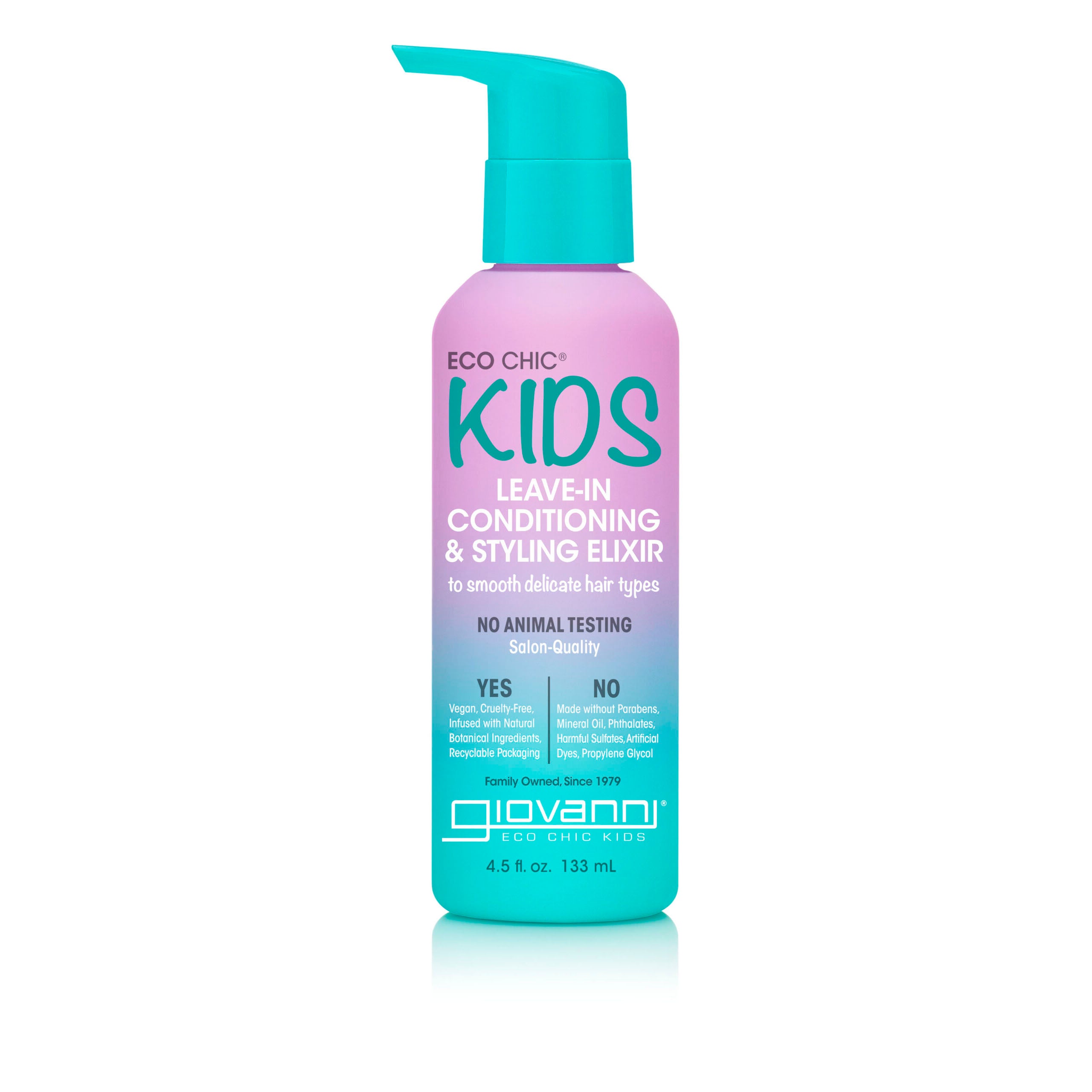 to smooth delicate hair types - A 4.5 fl oz (133 ml) bottle of Giovanni Cosmetics ECO CHIC® KIDS LEAVE-IN CONDITIONING & STYLING ELIXIR features a blue pump and pink/blue label with “No Animal Testing” and “Vegan.” Ideal for easy styling and tangle-free hair.