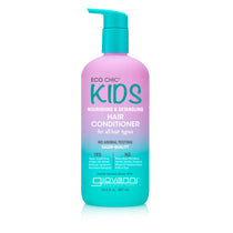 A bottle of Giovanni Cosmetics ECO CHIC® KIDS NOURISHING & DETANGLING HAIR CONDITIONER features a pink-to-blue gradient, turquoise pump, and label emphasizing salon-quality, tangle-free care, no animal testing, and nourishing conditioning benefits.
