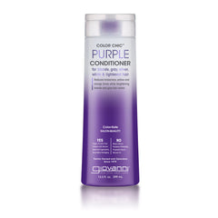 A tall purple ombre bottle of Giovanni Cosmetics COLOR CHIC™ PURPLE CONDITIONER for silver and blonde hair, with white and purple text highlighting its benefits and a clear cap.