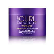A 10.5 fl. oz. (310 ml) purple container of Giovanni Cosmetics CURL HABIT™ Curl Shaping Hair Gel, with medium hold and curl-enhancing, oil-infused formula for all curl types.