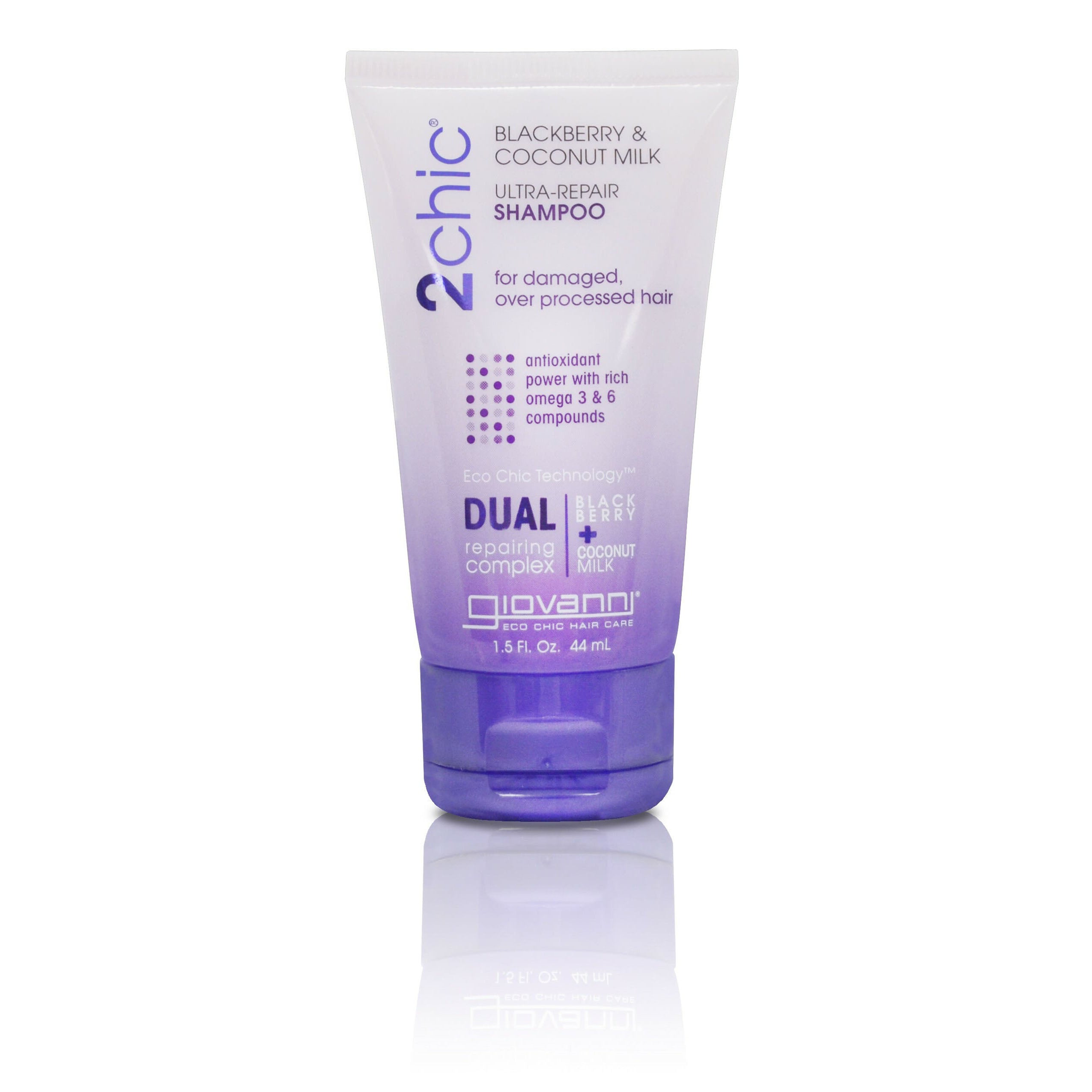 Travel size bottle of 2chic Blackberry & Coconut Milk Ultra- Repairing Shampoo by Giovanni.
