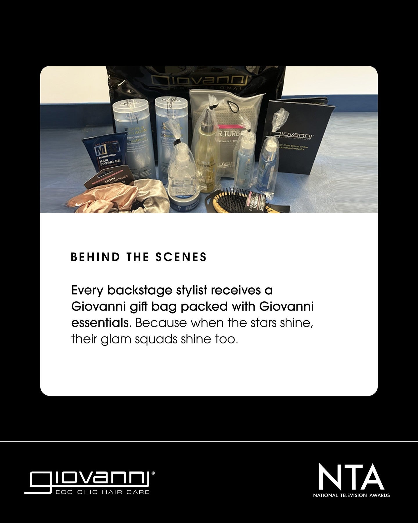 Giovanni gift bag with hair care products on a black background
