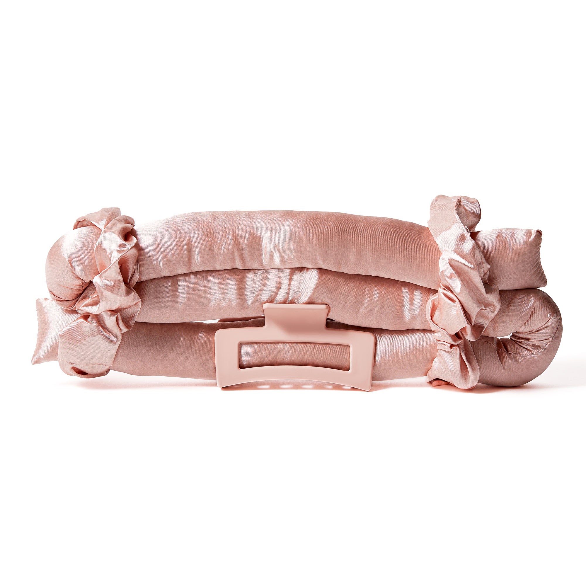 for healthy-looking hair  - The HEATLESS SATIN HAIR CURLING SET (blush) by Giovanni Cosmetics is displayed on a white background, featuring a soft pink satin curling rod along with two matching scrunchies and a large hair clip—ideal for creating smooth, frizz-free curls without any heat damage.