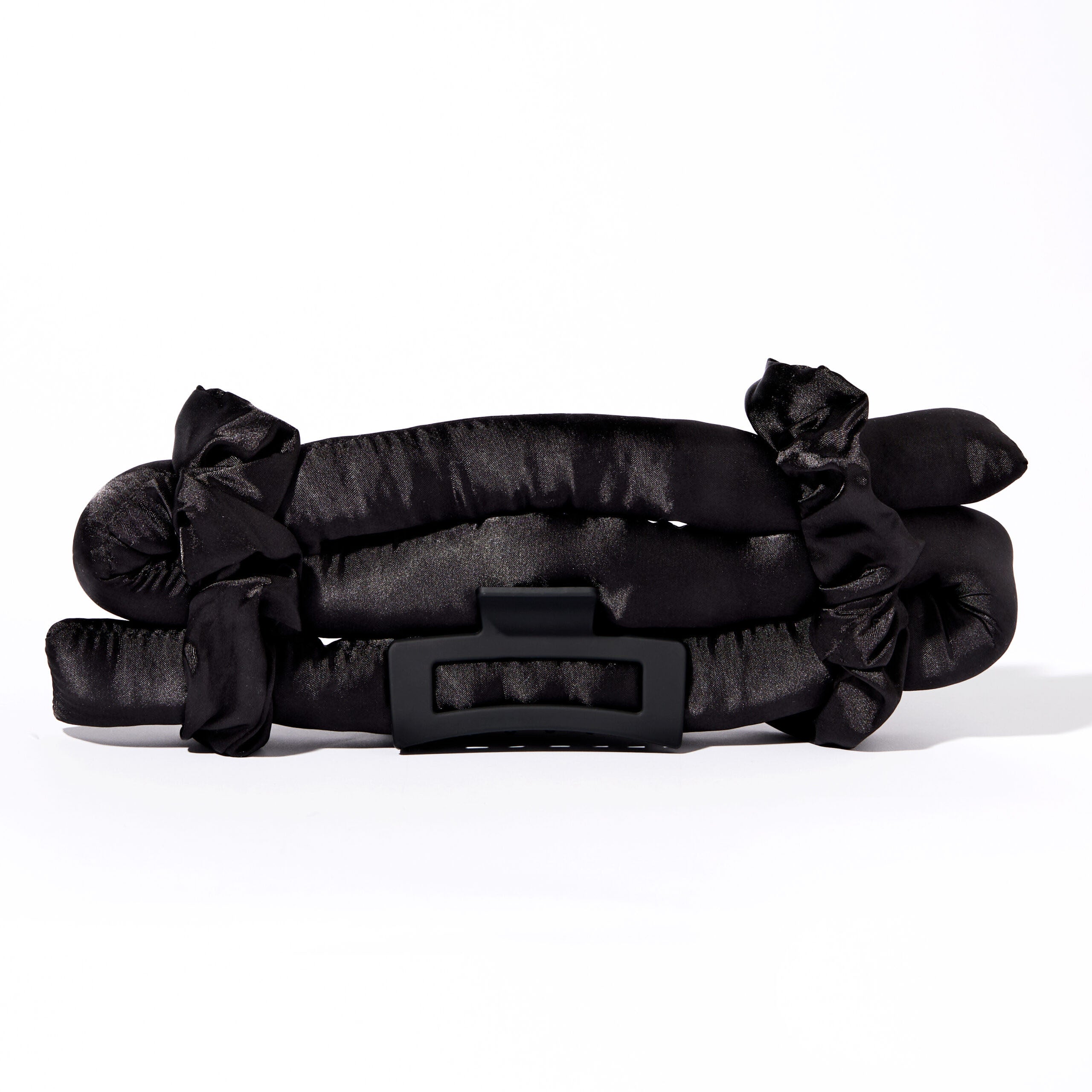 for healthy-looking hair - The Giovanni Cosmetics HEATLESS SATIN HAIR CURLING SET (black) includes two padded rods and a rectangular plastic clasp for heatless curls and frizz-free waves, displayed flat on a white background.