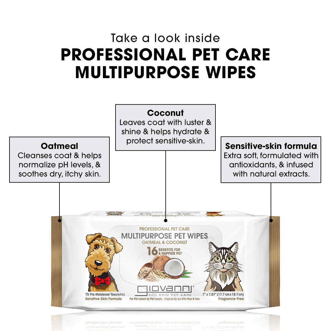 A package of Giovanni Cosmetics PROFESSIONAL PET CARE MULTIPURPOSE WIPES- OATMEAL & COCONUT is shown, highlighting oatmeal to soothe skin, coconut for shine and hydration, and a sensitive-skin formula with natural extracts.