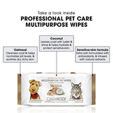A package of Giovanni Cosmetics PROFESSIONAL PET CARE MULTIPURPOSE WIPES- OATMEAL & COCONUT is shown, highlighting oatmeal to soothe skin, coconut for shine and hydration, and a sensitive-skin formula with natural extracts.