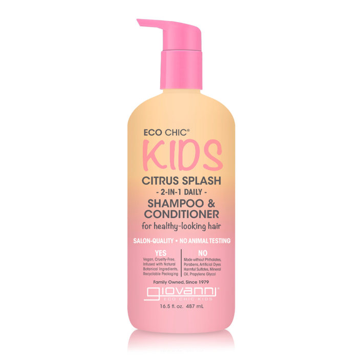 for all hair types - Bottle of Eco Chic Kids Citrus Splash shampoo and conditioner on a white background
