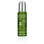 A green bottle of Giovanni Cosmetics NOURISHING FACIAL SERUM with a silver pump, labeled Hemp & Aloe, features antioxidant-rich herbs to hydrate, restore, and calm all skin types for a radiant complexion.