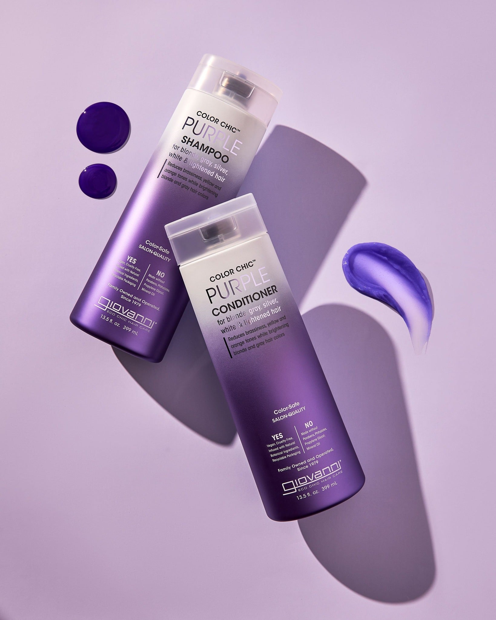 Bottle of Giovanni Color Chic Purple Shampoo and Conditioner